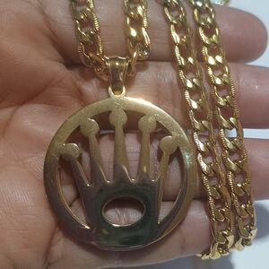 Gold Plated Stainless Steel Jewelry Set – Crown Pendant Necklace + Bracelet